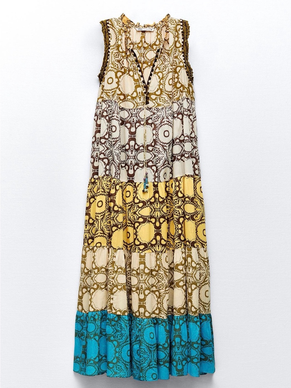 Zara NWT Tiered Sleeveless Maxi Dress in Yellow, Brown & Blue